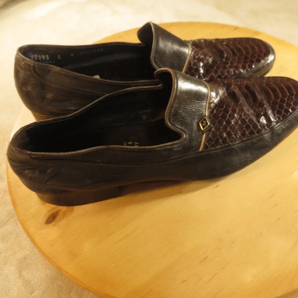 Vintage Moreschi Loafers Mens 9 Dark Brown Leather Snakeskin Made in Italy